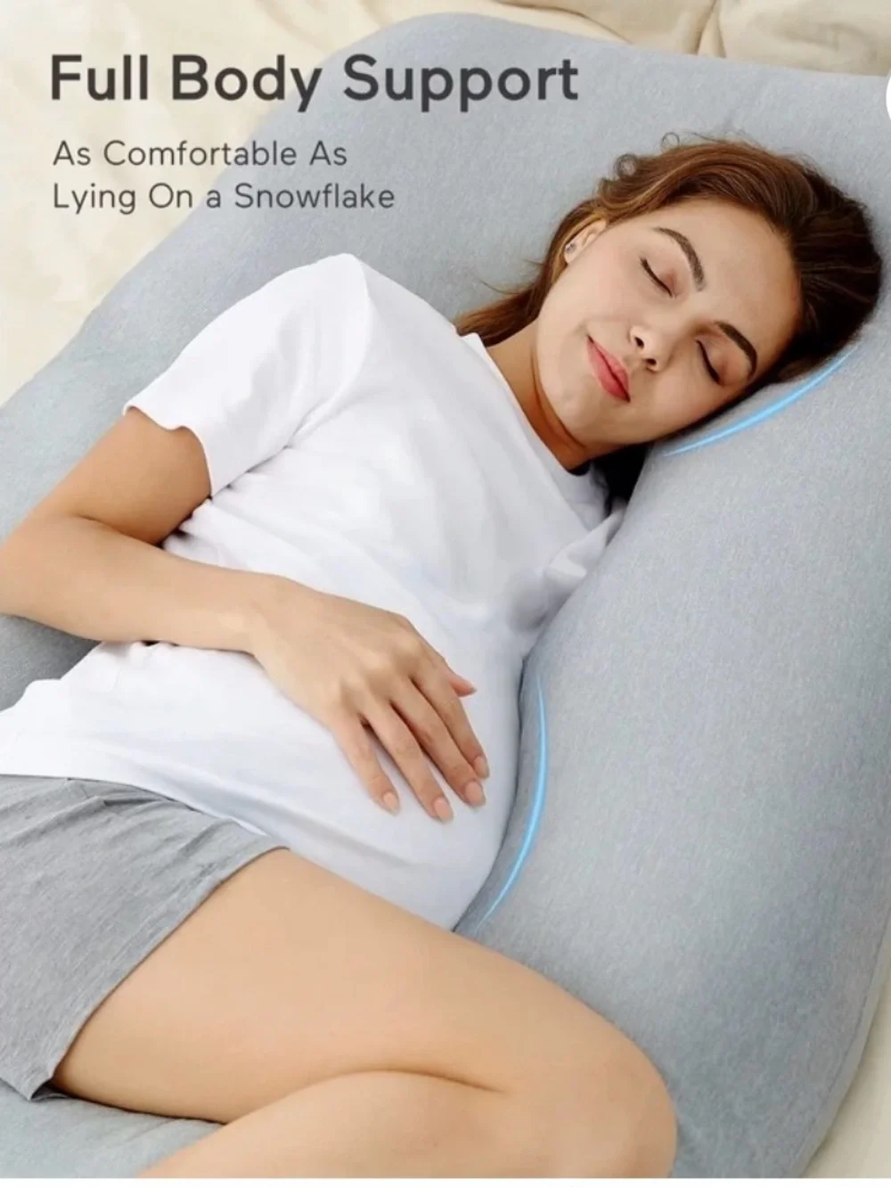 Momcozy U-shaped Cooling Body Pillow - Light Gray Full-Body Support